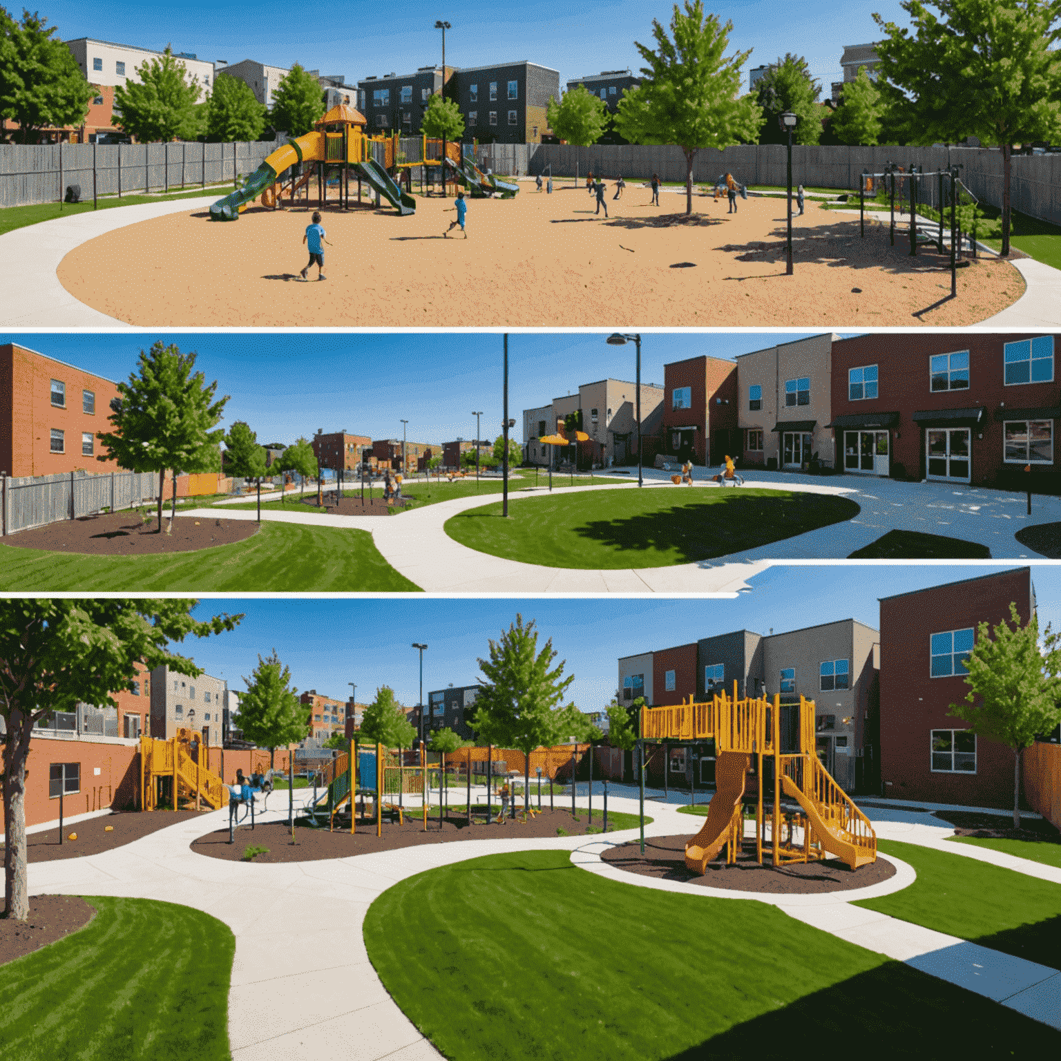 Before and after images of a transformed community space: from an empty lot to a vibrant playground with children playing
