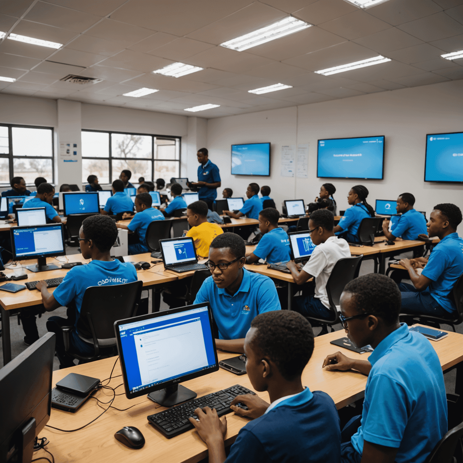 A modern computer lab in Soweto filled with students of various ages learning coding. Instructors guiding participants, screens displaying code, and a diverse group engaged in learning.